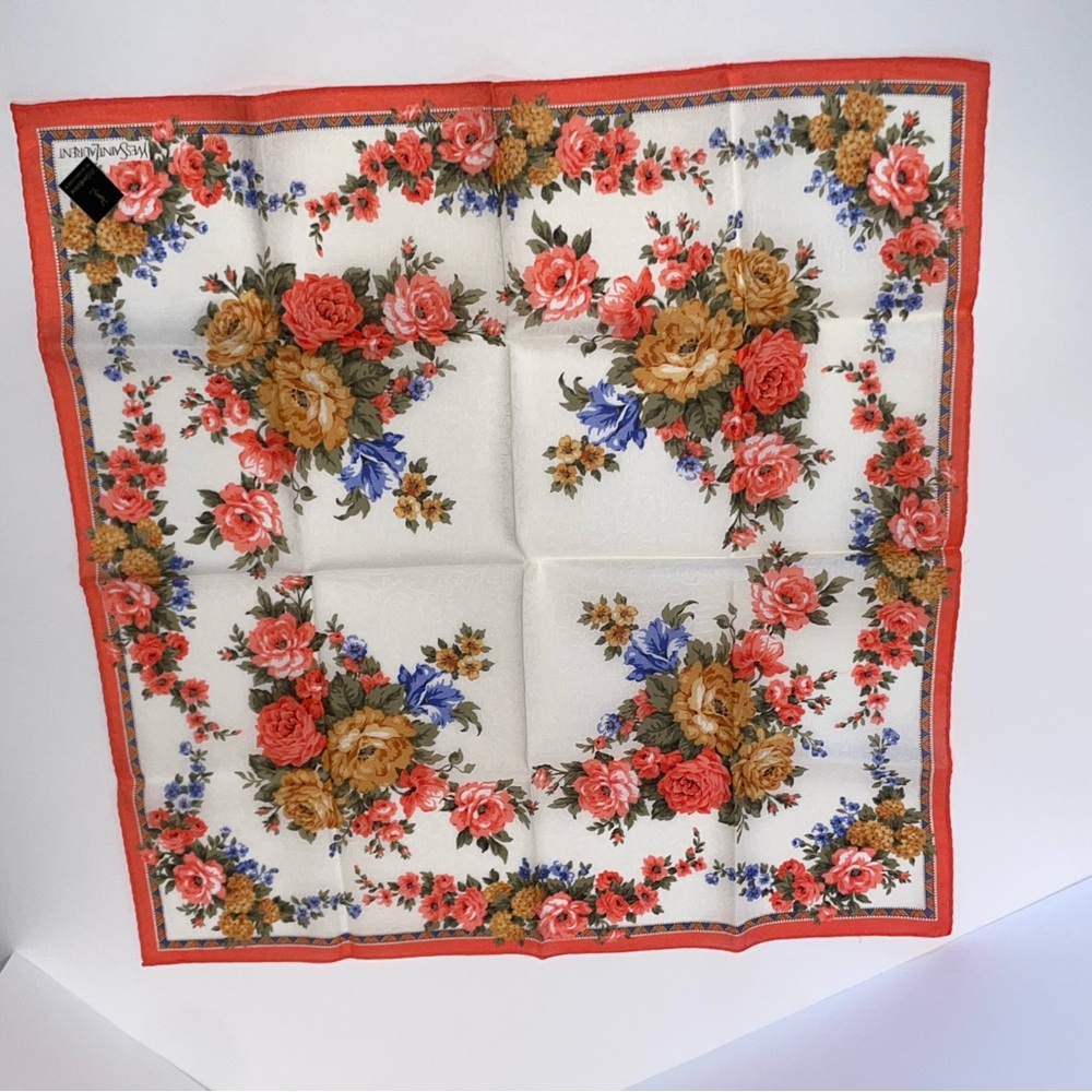 Authentic YSL Yves Saint Laurent NEW Floral Handkerchief Red Roses Blue Flowers